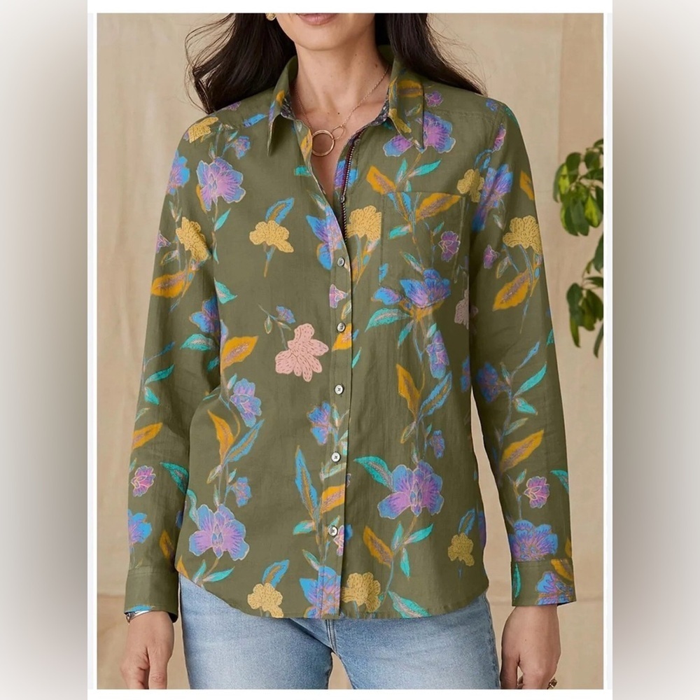 Sundance Green Floral Button Up Long Sleeves Shirt Size S
